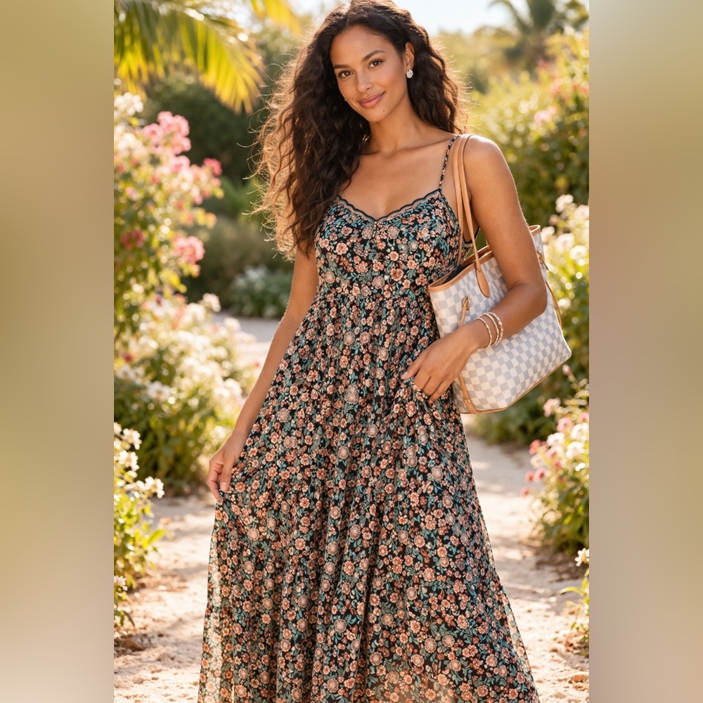 Ditsy Floral Maxi Dress| Black Teal Boho Tiered Sleeveless Flowy Pockets Size L